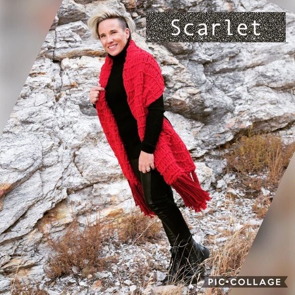 New! Handmade Oversized Knitted Bright Red Scarf - Picture 2 of 12